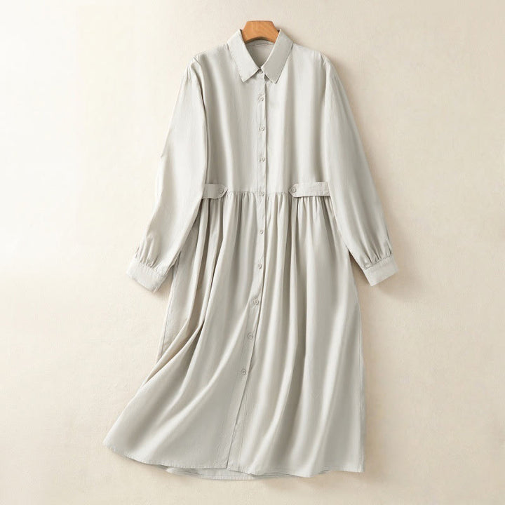 Vestido midi informal de algodón con diseño de cuadros escoceses, pliegues y botones, de manga larga y bolsillos, con estampado de Buddha Stones - Beige - US8-10，UK/AU12-14，EU40-42 (2XL) - image 1