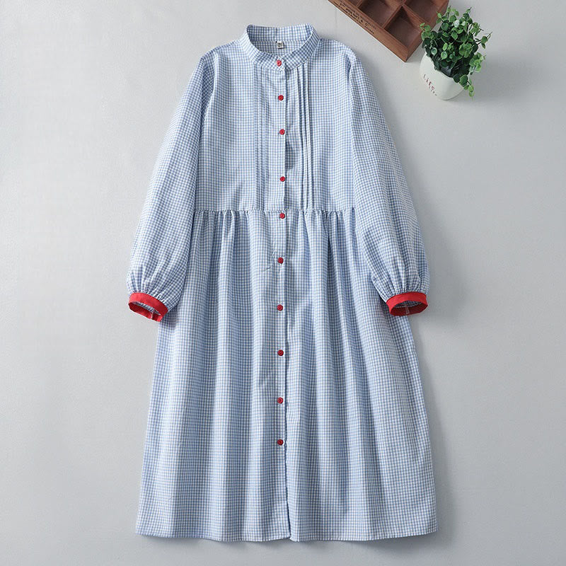 Vestido midi informal de lino y algodón con mangas largas tipo farol y estampado a cuadros con Buddha Stones y bolsillos - Azul cielo claro - US8-10，UK/AU12-14，EU40-42 (2XL) - image 1