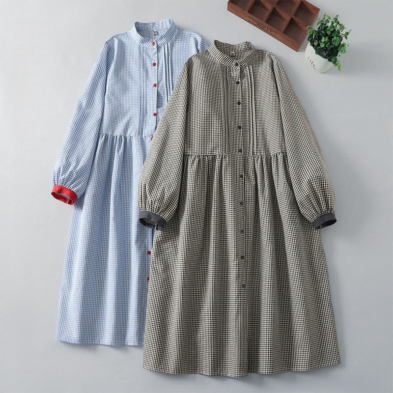Vestido midi informal de lino y algodón con mangas largas tipo farol y estampado a cuadros con Buddha Stones y bolsillos - image 17