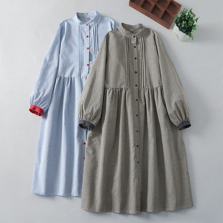 Vestido midi informal de lino y algodón con mangas largas tipo farol y estampado a cuadros con Buddha Stones y bolsillos - image 17