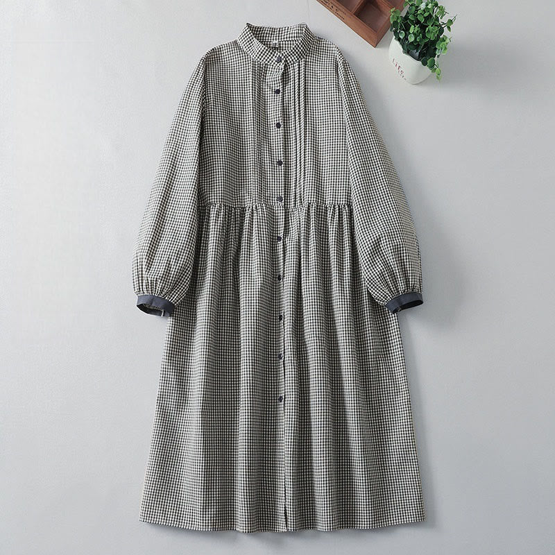Vestido midi informal de lino y algodón con mangas largas tipo farol y estampado a cuadros con Buddha Stones y bolsillos - Negro - US8-10，UK/AU12-14，EU40-42 (2XL) - image 7