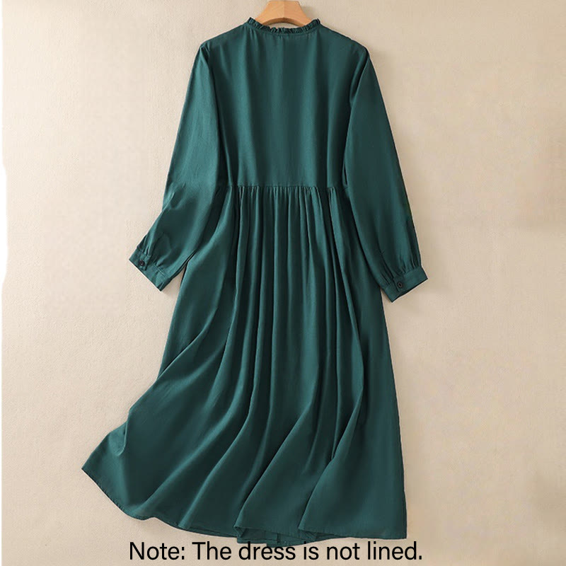 Vestido midi de algodón con cuello redondo, botones, manga larga y bolsillos, color verde oscuro, con volantes y Buddha Stones - image 2