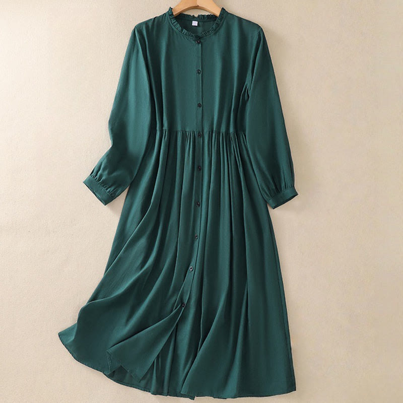 Vestido midi de algodón con cuello redondo, botones, manga larga y bolsillos, color verde oscuro, con volantes y Buddha Stones - Verde oscuro - US8-10，UK/AU12-14，EU40-42 (2XL) - image 1