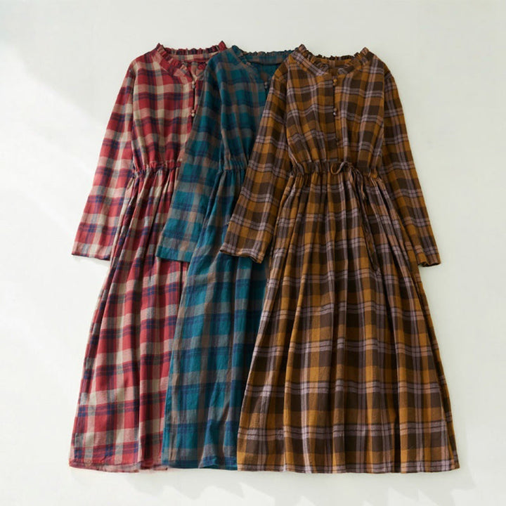 Vestido midi de lino y algodón con cuello en V, mangas largas, volantes y bolsillos, con estampado de Buddha Stones - image 10