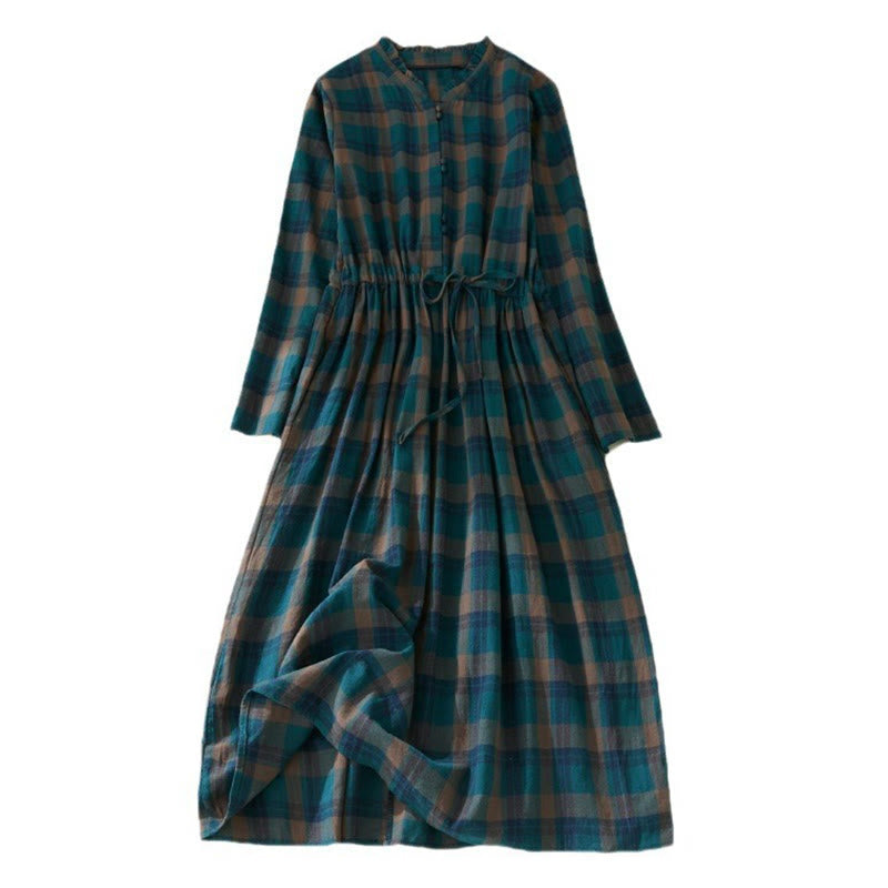 Vestido midi de lino y algodón con cuello en V, mangas largas, volantes y bolsillos, con estampado de Buddha Stones - image 7
