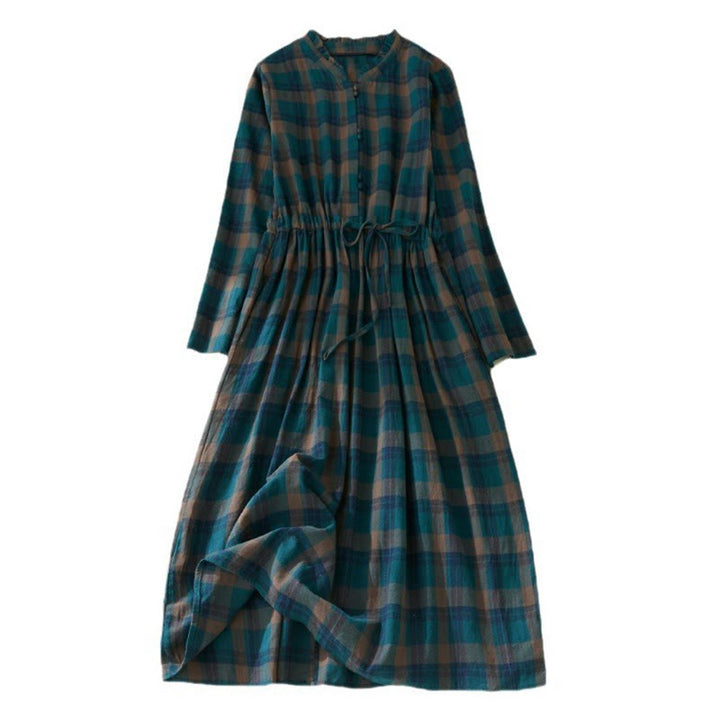 Vestido midi de lino y algodón con cuello en V, mangas largas, volantes y bolsillos, con estampado de Buddha Stones - image 7