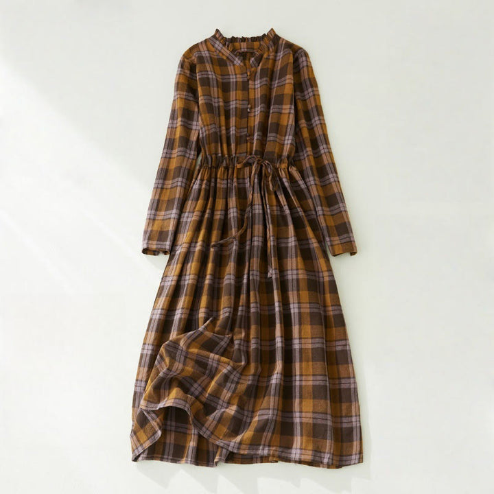 Vestido midi de lino y algodón con cuello en V, mangas largas, volantes y bolsillos, con estampado de Buddha Stones - Vara de oro oscura - US8-10，UK/AU12-14，EU40-42 (2XL) - image 0