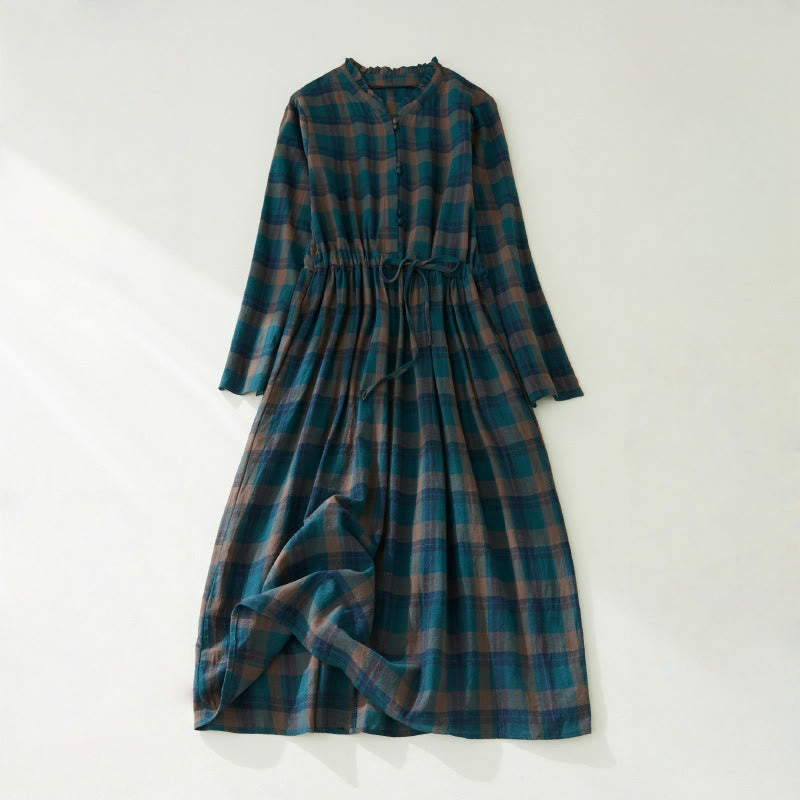 Vestido midi de lino y algodón con cuello en V, mangas largas, volantes y bolsillos, con estampado de Buddha Stones - Cian oscuro - US8-10，UK/AU12-14，EU40-42 (2XL) - image 2