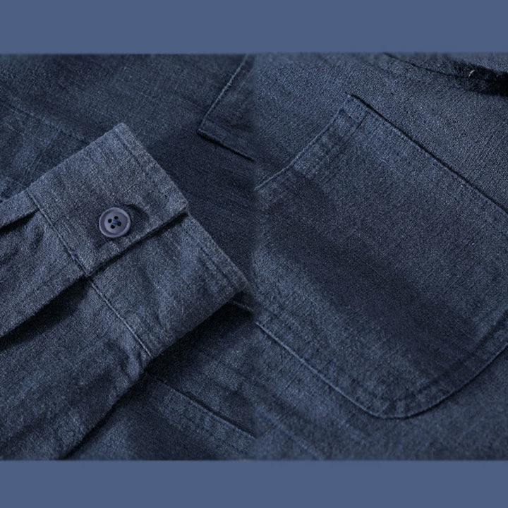 Camisa de manga larga de lino y algodón con botones lisos y bolsillos para hombre de Buddha Stones Commute - image 16