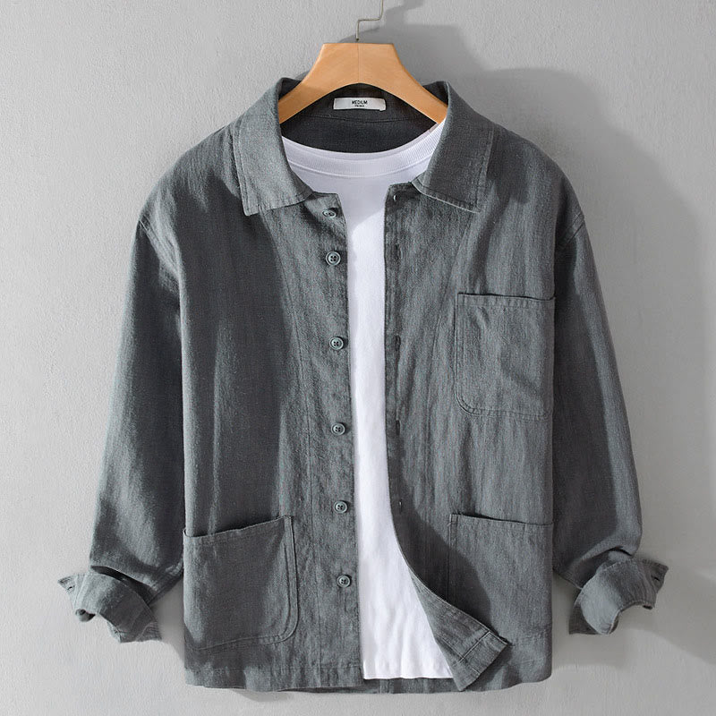 Camisa de manga larga de lino y algodón con botones lisos y bolsillos para hombre de Buddha Stones Commute - Gris pizarra - US/UK/AU42, EU52 (3XL) - image 9