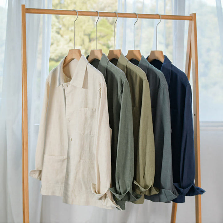 Camisa de manga larga de lino y algodón con botones lisos y bolsillos para hombre de Buddha Stones Commute - image 27