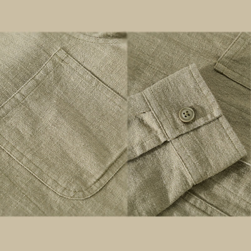 Camisa de manga larga de lino y algodón con botones lisos y bolsillos para hombre de Buddha Stones Commute - image 20