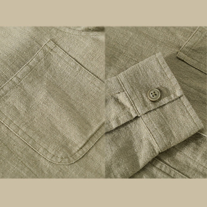 Camisa de manga larga de lino y algodón con botones lisos y bolsillos para hombre de Buddha Stones Commute - image 20