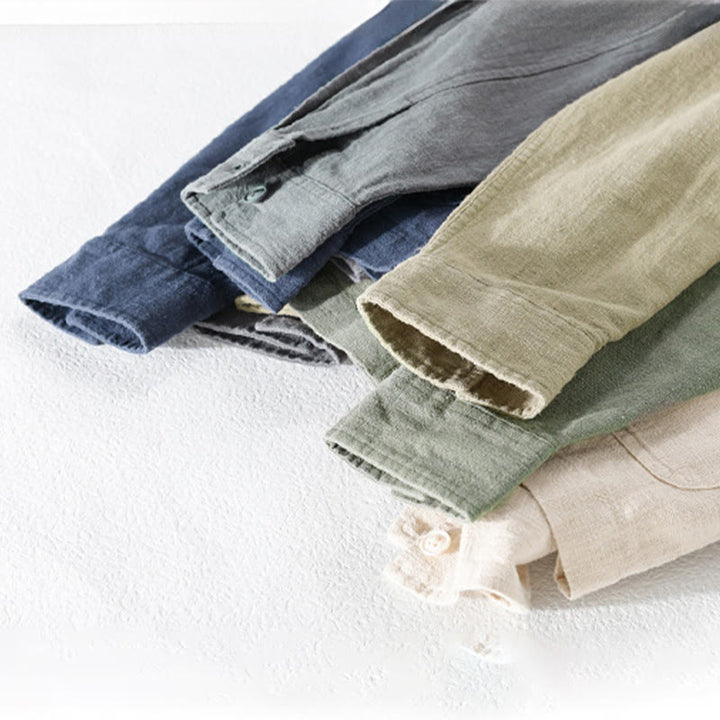 Camisa de manga larga de lino y algodón con botones lisos y bolsillos para hombre de Buddha Stones Commute - image 25