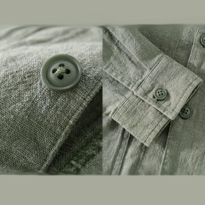 Camisa de manga larga de lino y algodón con botones lisos y bolsillos para hombre de Buddha Stones Commute - image 4