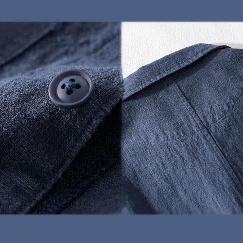 Camisa de manga larga de lino y algodón con botones lisos y bolsillos para hombre de Buddha Stones Commute - image 15