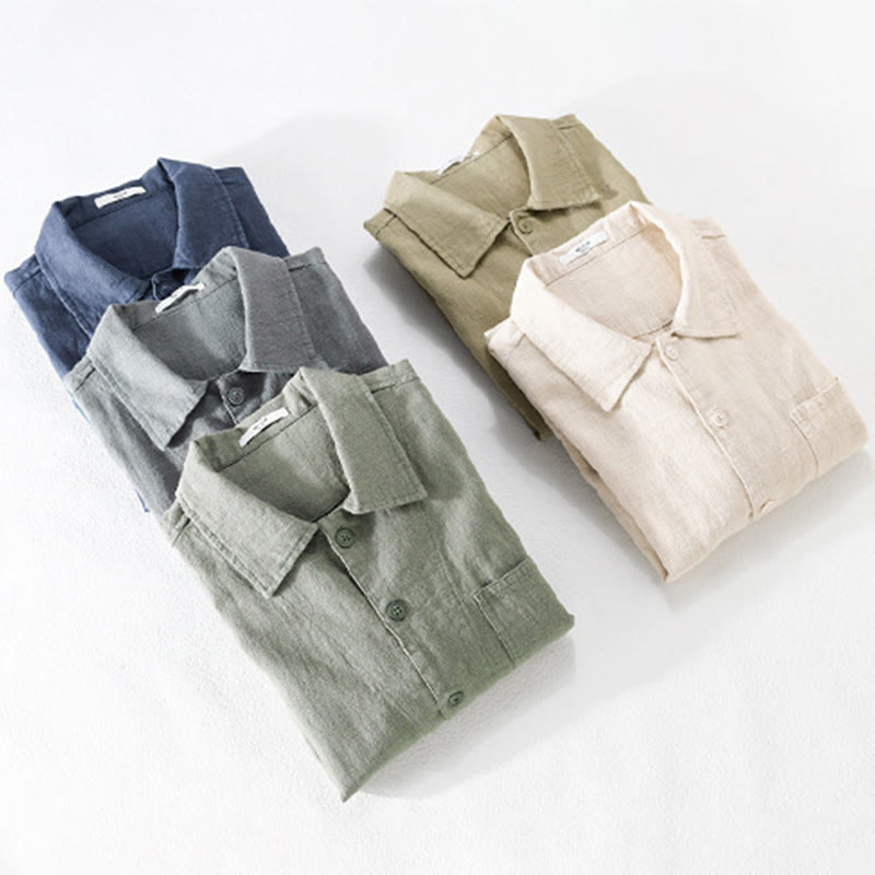 Camisa de manga larga de lino y algodón con botones lisos y bolsillos para hombre de Buddha Stones Commute - image 21