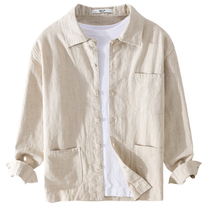 Camisa de manga larga de lino y algodón con botones lisos y bolsillos para hombre de Buddha Stones Commute - image 9