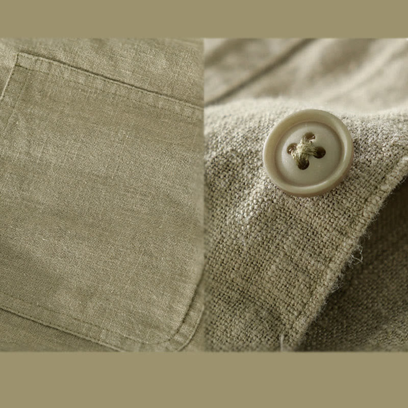 Camisa de manga larga de lino y algodón con botones lisos y bolsillos para hombre de Buddha Stones Commute - image 18