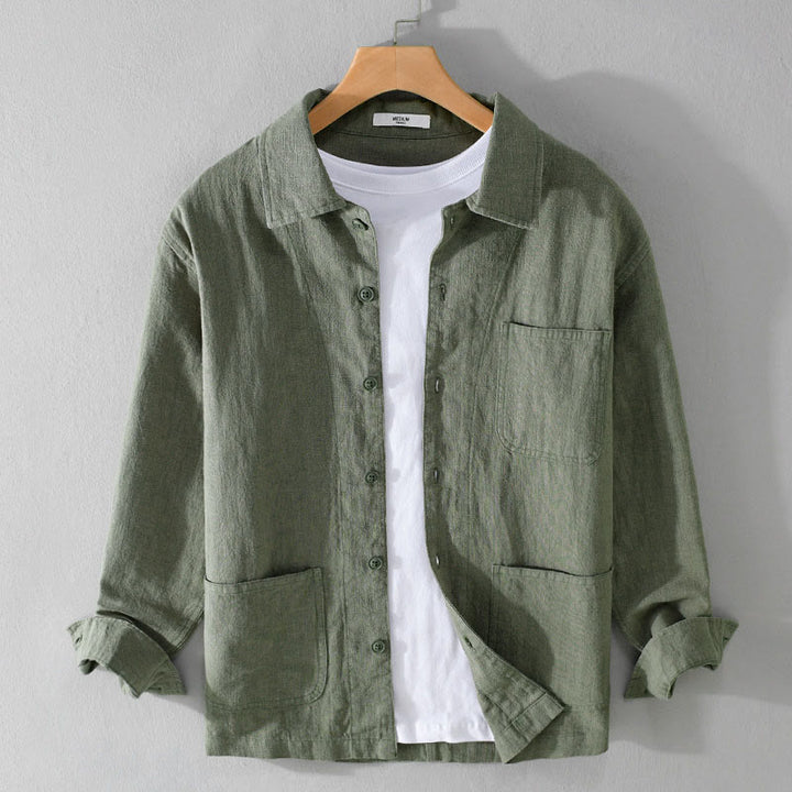 Camisa de manga larga de lino y algodón con botones lisos y bolsillos para hombre de Buddha Stones Commute - Verde mar medio - US/UK/AU42, EU52 (3XL) - image 1
