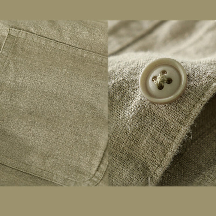 Camisa de manga larga de lino y algodón con botones lisos y bolsillos para hombre de Buddha Stones Commute - image 19