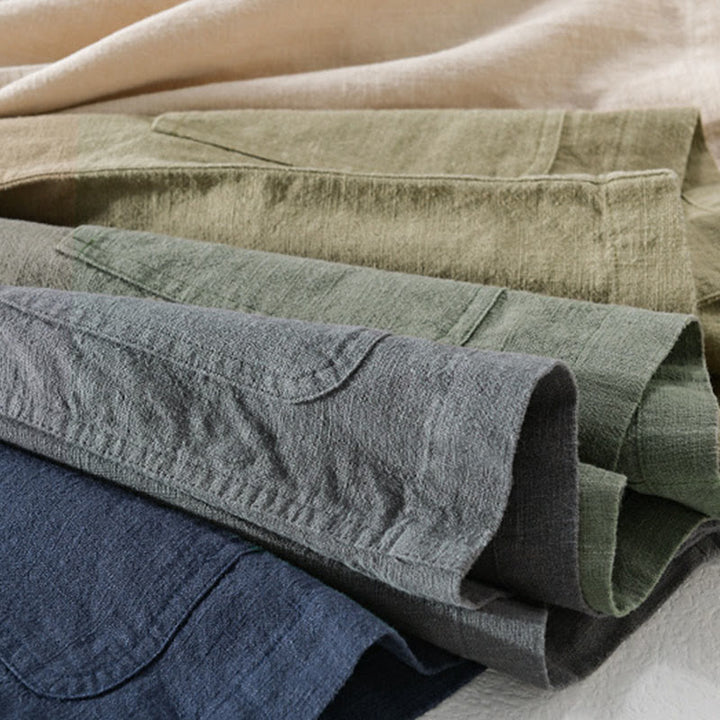 Camisa de manga larga de lino y algodón con botones lisos y bolsillos para hombre de Buddha Stones Commute - image 26