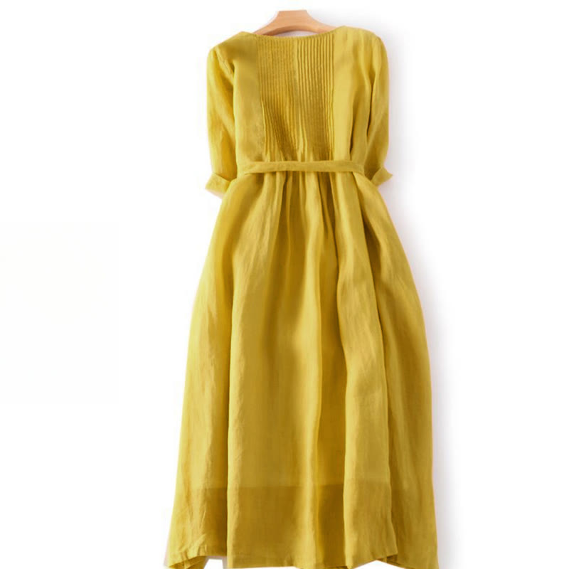 Vestido midi informal y algodón con cuello redondo, mangas cortas y bolsillos, con cordones y estampado Buddha Stones - image 7