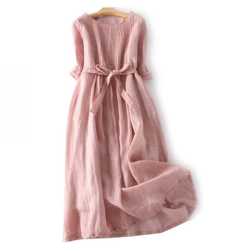 Vestido midi informal y algodón con cuello redondo, mangas cortas y bolsillos, con cordones y estampado Buddha Stones - Rosa claro - US12, UK/AU16, EU44 (3XL) - image 1