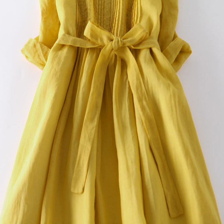 Vestido midi informal y algodón con cuello redondo, mangas cortas y bolsillos, con cordones y estampado Buddha Stones - image 13