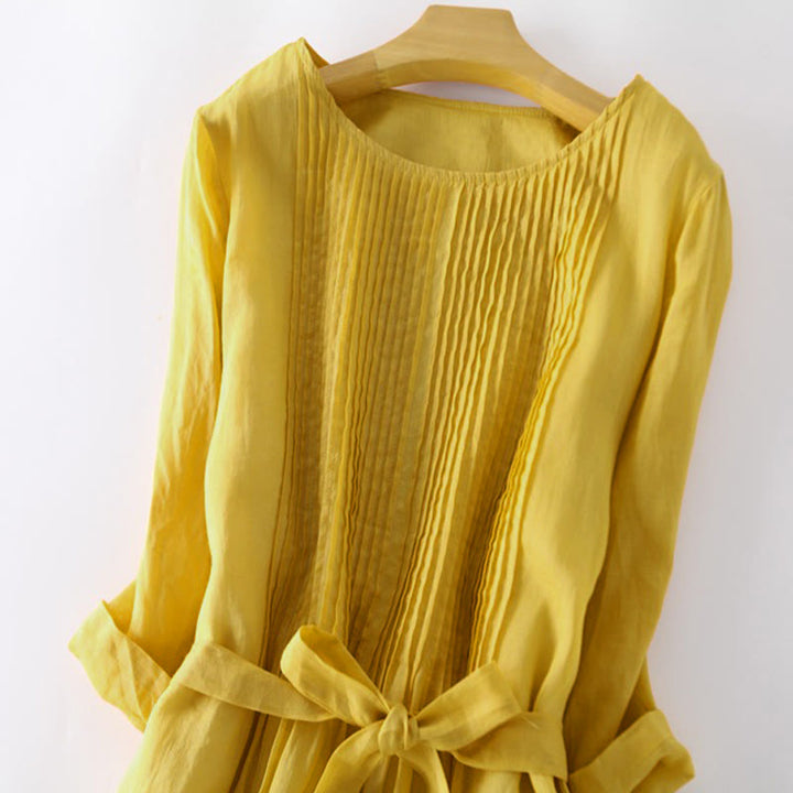 Vestido midi informal y algodón con cuello redondo, mangas cortas y bolsillos, con cordones y estampado Buddha Stones - image 11