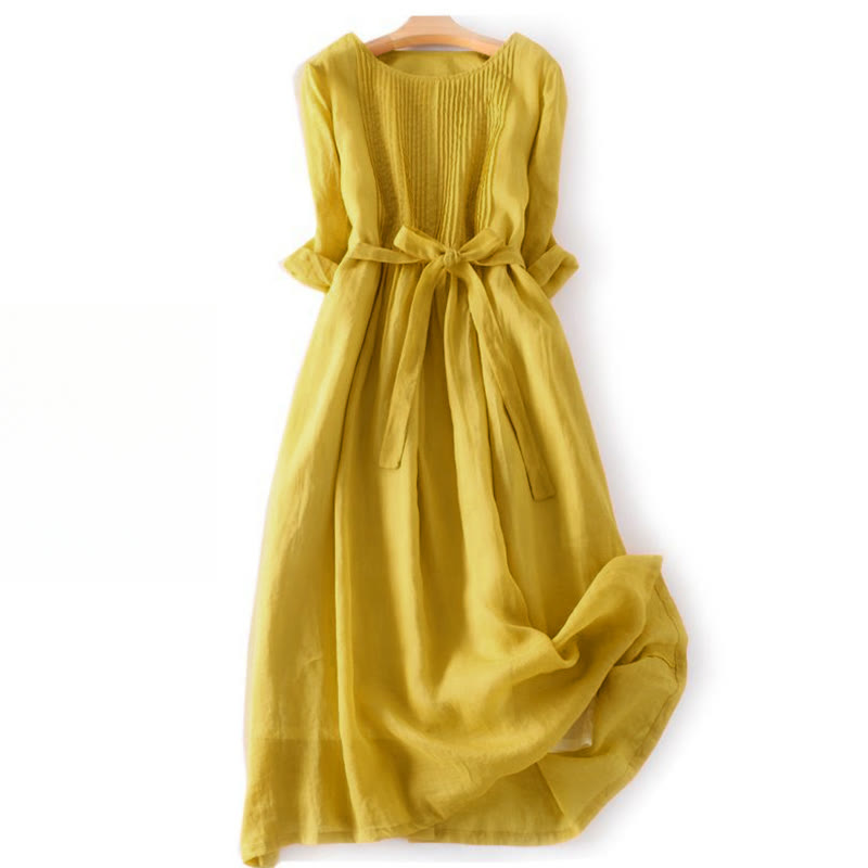 Vestido midi informal y algodón con cuello redondo, mangas cortas y bolsillos, con cordones y estampado Buddha Stones - Oro - US12, UK/AU16, EU44 (3XL) - image 6