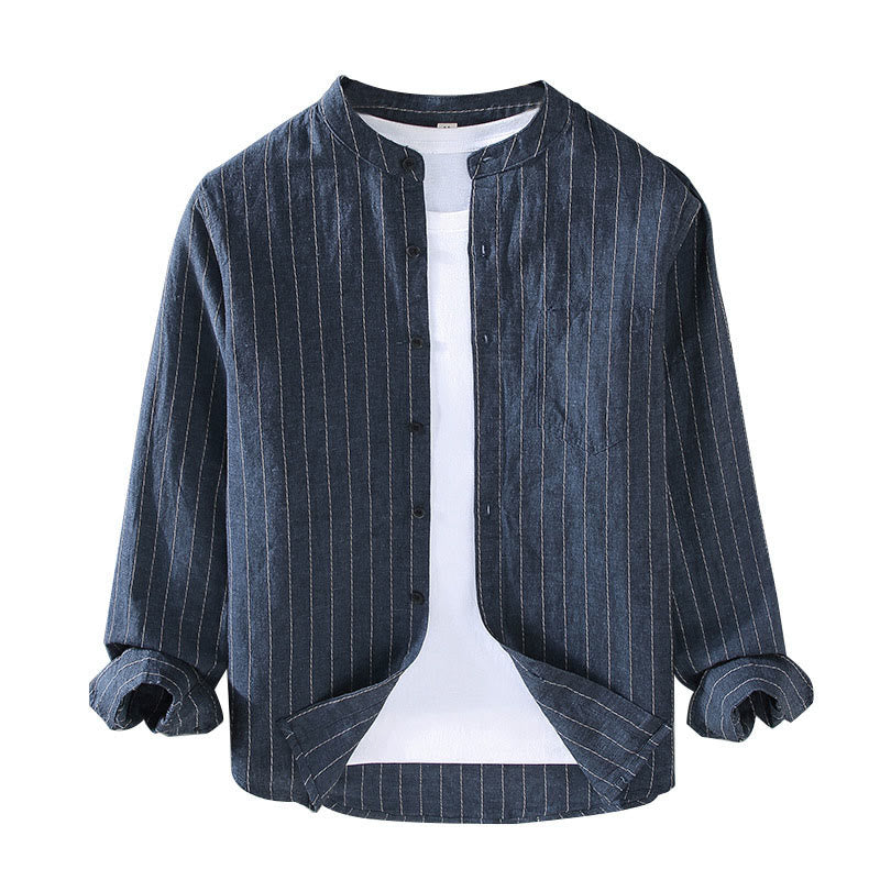 Camisa de manga larga de lino y algodón con estampado a rayas para hombre con traje Tang diario Buddha Stones - image 1