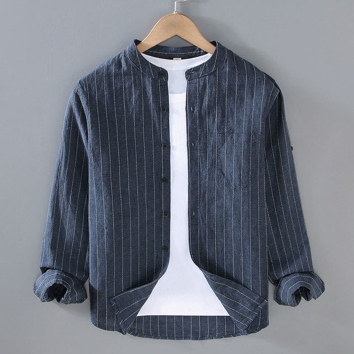 Camisa de manga larga de lino y algodón con estampado a rayas para hombre con traje Tang diario Buddha Stones - Azul medianoche - US/UK/AU42, EU52 (3XL) - image 1
