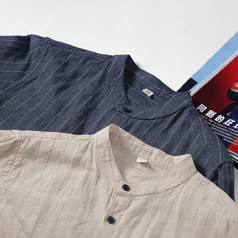Camisa de manga larga de lino y algodón con estampado a rayas para hombre con traje Tang diario Buddha Stones - image 14