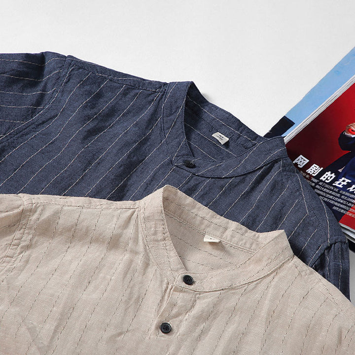 Camisa de manga larga de lino y algodón con estampado a rayas para hombre con traje Tang diario Buddha Stones - image 14