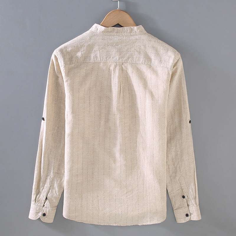 Camisa de manga larga de lino y algodón con estampado a rayas para hombre con traje Tang diario Buddha Stones - image 4
