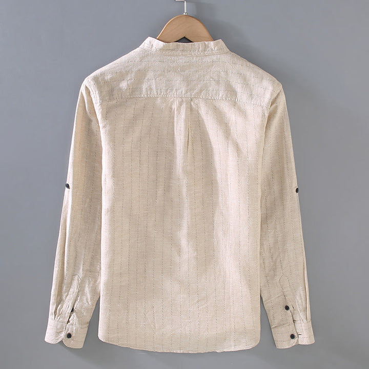 Camisa de manga larga de lino y algodón con estampado a rayas para hombre con traje Tang diario Buddha Stones - image 4