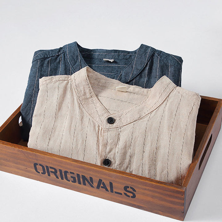 Camisa de manga larga de lino y algodón con estampado a rayas para hombre con traje Tang diario Buddha Stones - image 13
