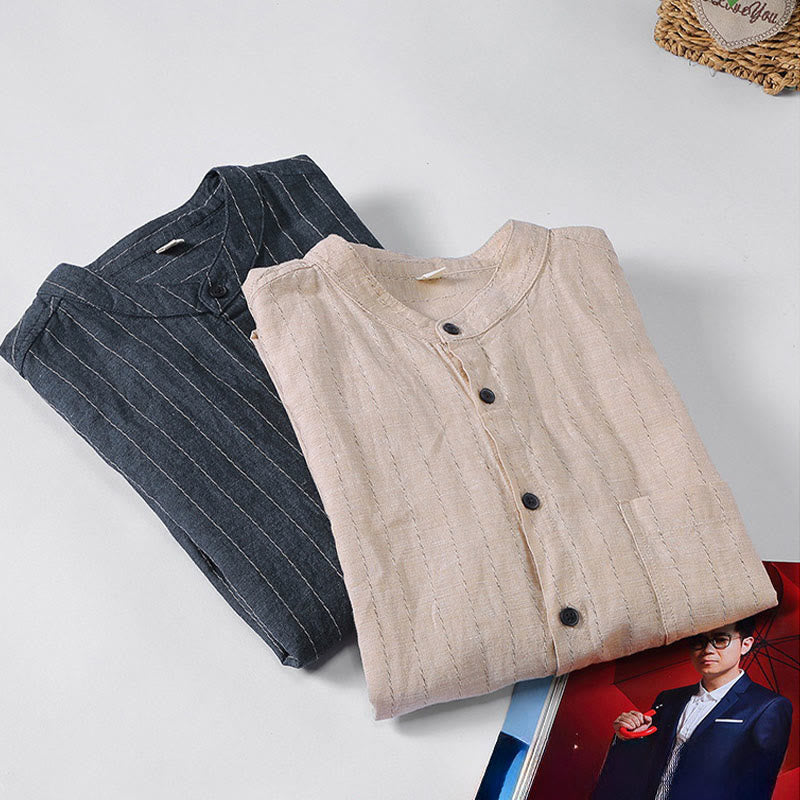 Camisa de manga larga de lino y algodón con estampado a rayas para hombre con traje Tang diario Buddha Stones - image 11