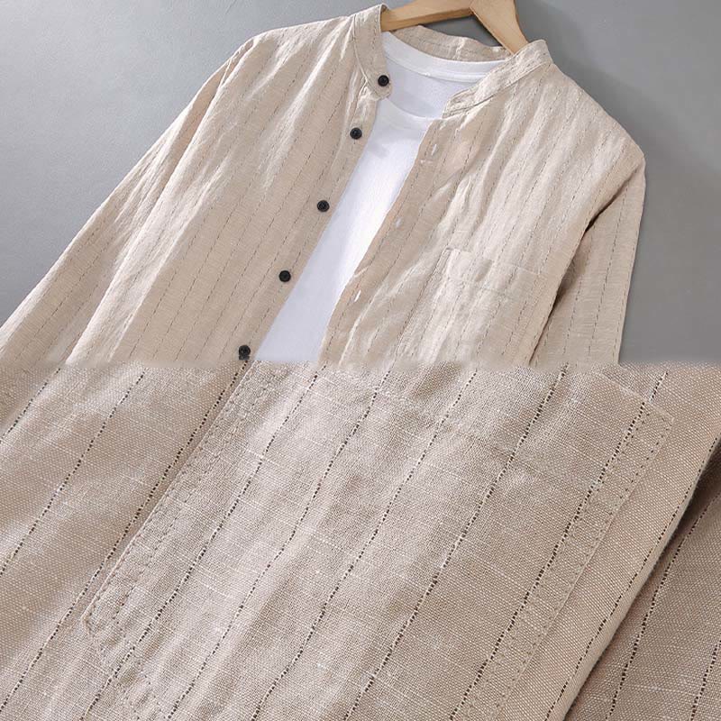 Camisa de manga larga de lino y algodón con estampado a rayas para hombre con traje Tang diario Buddha Stones - image 7