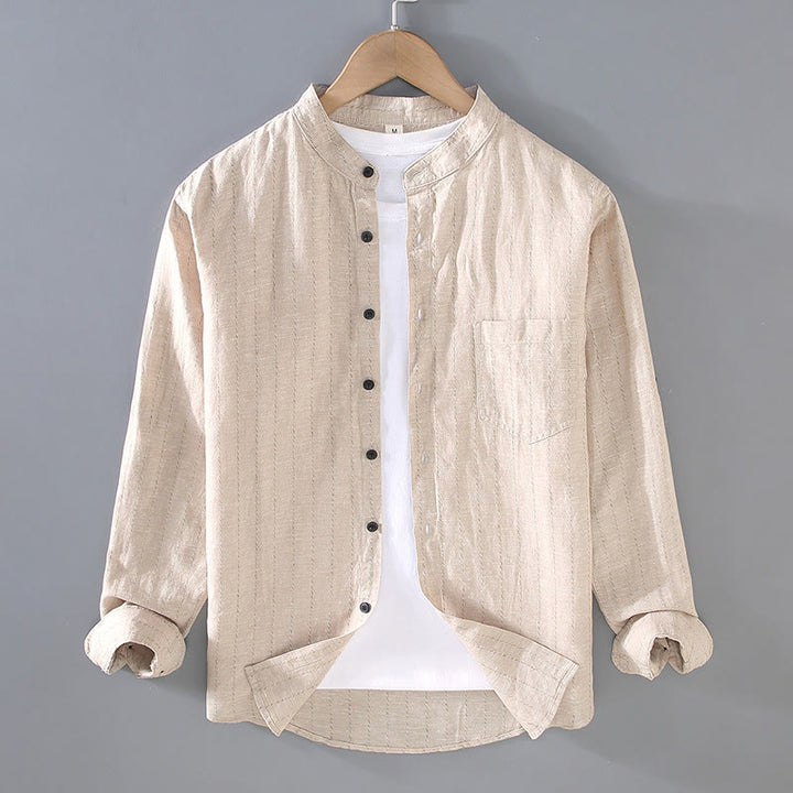 Camisa de manga larga de lino y algodón con estampado a rayas para hombre con traje Tang diario Buddha Stones - Beige - US/UK/AU42, EU52 (3XL) - image 3