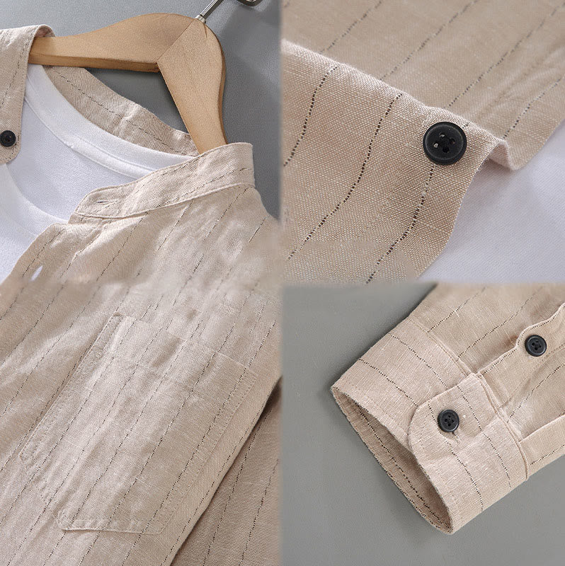 Camisa de manga larga de lino y algodón con estampado a rayas para hombre con traje Tang diario Buddha Stones - image 11