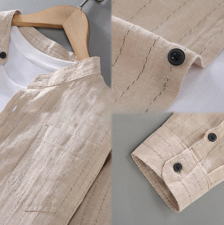 Camisa de manga larga de lino y algodón con estampado a rayas para hombre con traje Tang diario Buddha Stones - image 11