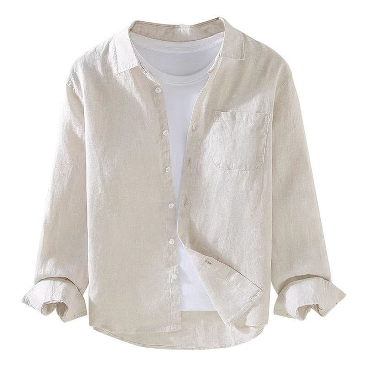 Camisa casual de lino de color puro de manga larga con bolsillo para hombre de Buddha Stones Spring - image 6