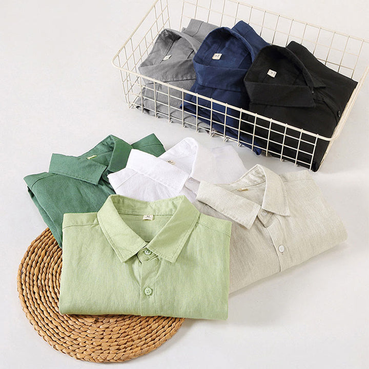 Camisa casual de lino de color puro de manga larga con bolsillo para hombre de Buddha Stones Spring - image 15