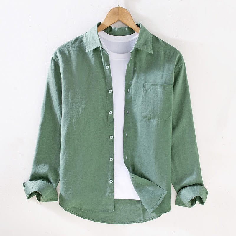 Camisa casual de lino de color puro de manga larga con bolsillo para hombre de Buddha Stones Spring - Verde mar medio - US/UK/AU42, EU52 (3XL) - image 10