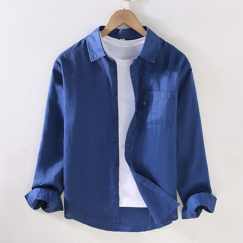 Camisa casual de lino de color puro de manga larga con bolsillo para hombre de Buddha Stones Spring - Azul medio - US/UK/AU42, EU52 (3XL) - image 13