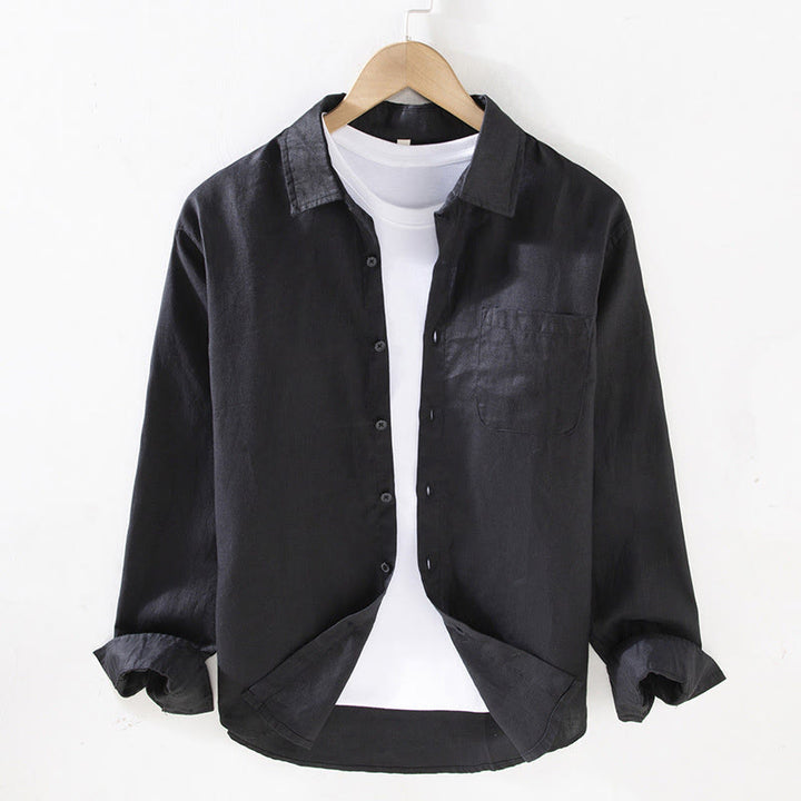Camisa casual de lino de color puro de manga larga con bolsillo para hombre de Buddha Stones Spring - Negro - US/UK/AU42, EU52 (3XL) - image 9