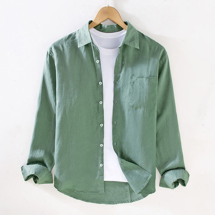 Camisa casual de lino de color puro de manga larga con bolsillo para hombre de Buddha Stones Spring - Verde mar medio - US/UK/AU42, EU52 (3XL) - image 11