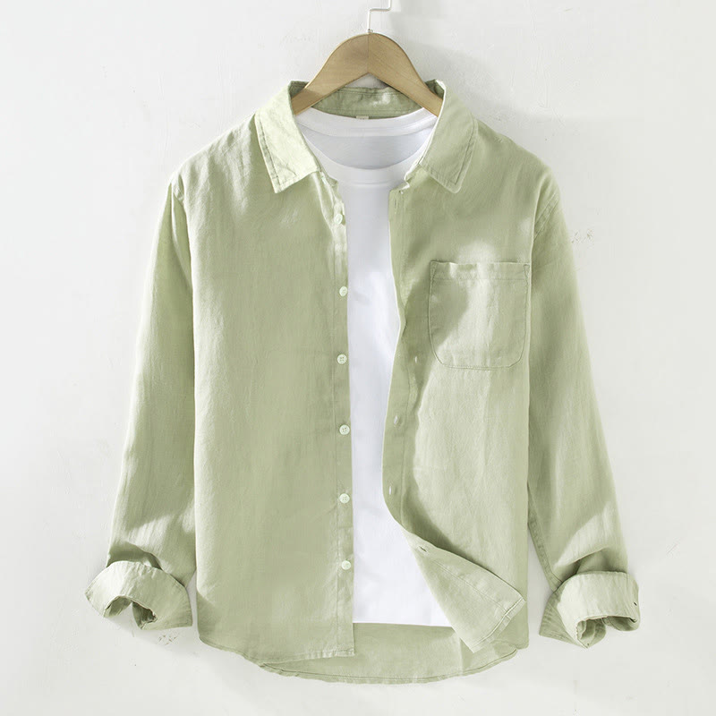 Camisa casual de lino de color puro de manga larga con bolsillo para hombre de Buddha Stones Spring - Verde pálido - US/UK/AU42, EU52 (3XL) - image 11